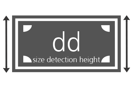 Geldschein mit der Inschrift dd size detection height. Pfeile rechts und links des Geldscheinrands zeigen die Höhe an.