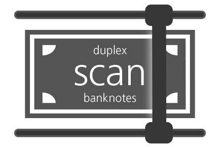 Symbol mit einem Geldschein und einem Scanner. Der Geldschein trägt die Inschrift: duplex scan banknotes
